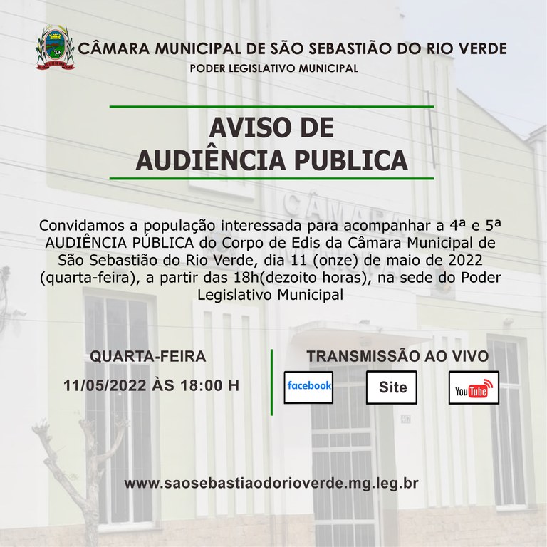 Aviso De AudiÊncia PÚblica — Câmara Municipal São Sebastião Do Rio Verde